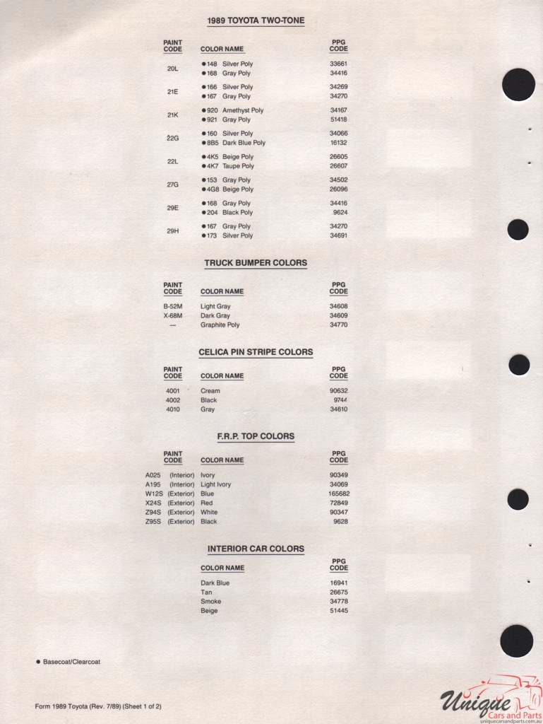 1989 Toyota Paint Charts PPG 3